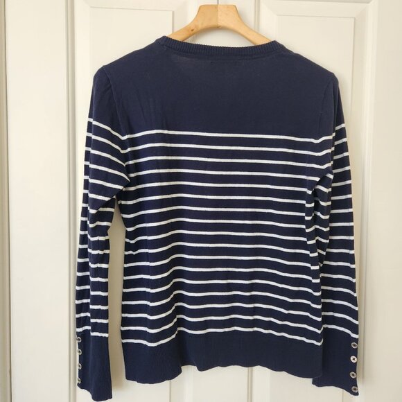 Nautica Navy & White Anchor Striped Sweater Preppy Prep Fisherman Coastal Cute - Picture 2 of 9